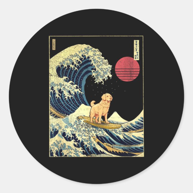 Pegatina Redonda Golden Retriever Japanese Kanagawa Wave Funny Surf (Anverso)