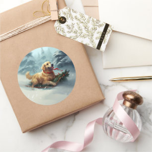 Pegatina Redonda Golden Retriever Navidad nieve invierno