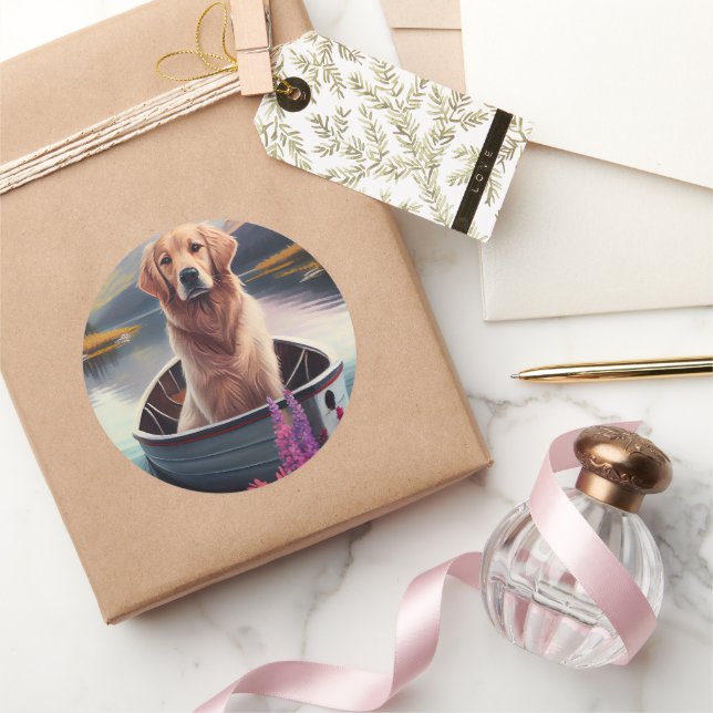 Pegatina Redonda Golden Retriever on a Paddle: Una aventura panorám (Regalar)