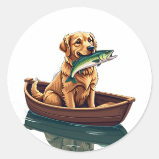 Pegatina Redonda Golden Retriever Pescando Retro - Perro Pasatiempo