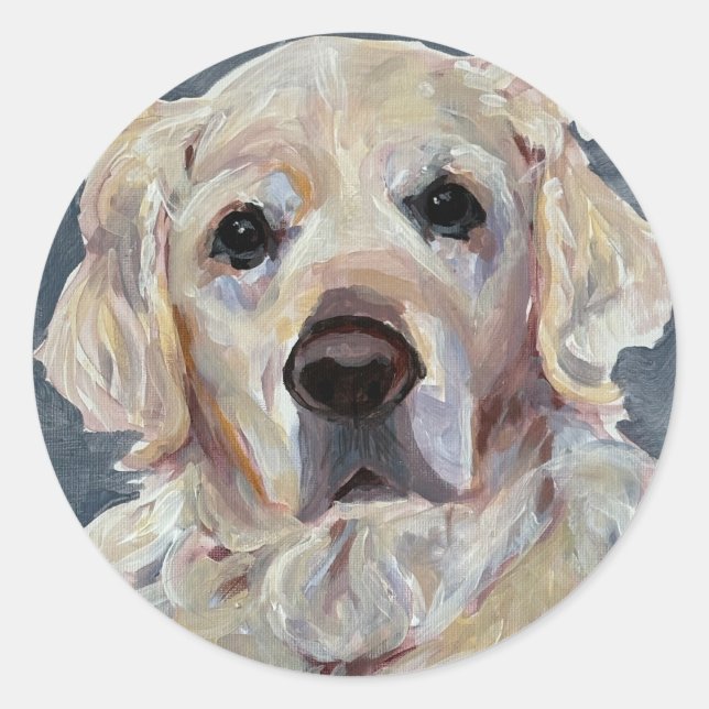 Pegatina Redonda Golden Retriever Pintado a mano en lienzo (Anverso)