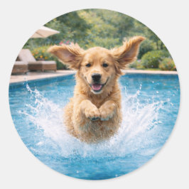 Pegatina Redonda Golden Retriever Puppy Pool Plunge