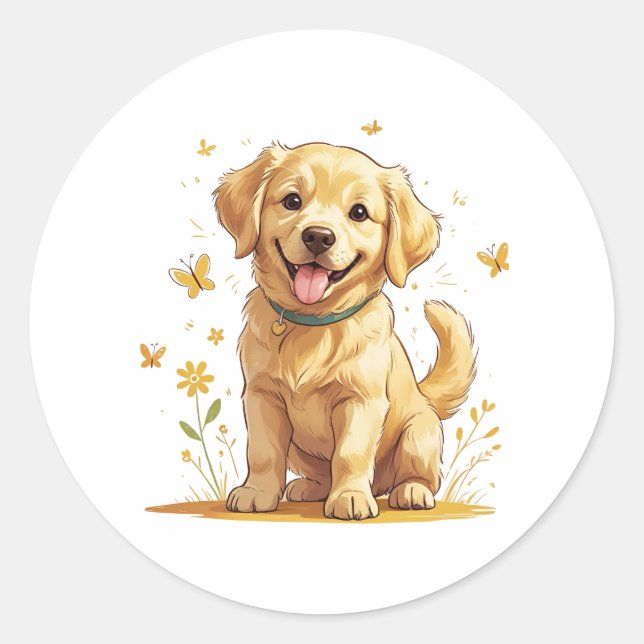 Pegatina Redonda Golden Retriever Puppy with Yellow Flowers (Anverso)