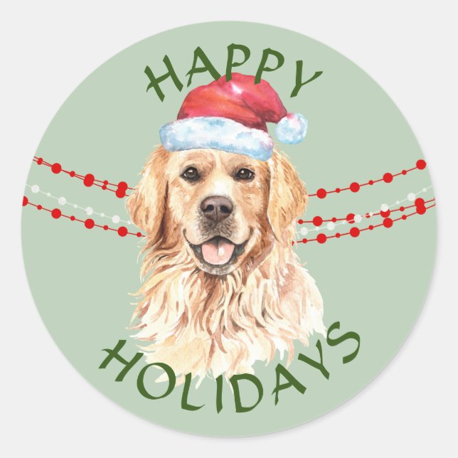 Pegatina Redonda Golden Retriever Santa Hat Happy Holidays (Anverso)