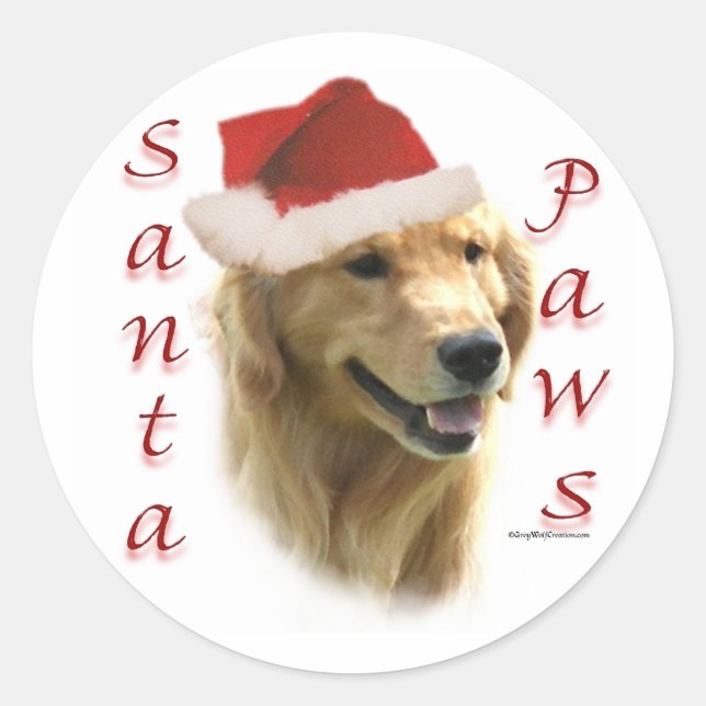 Pegatina Redonda Golden Retriever Santa Paws (Anverso)