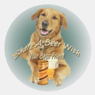 Pegatina Redonda Golden Retriever Share A Beer