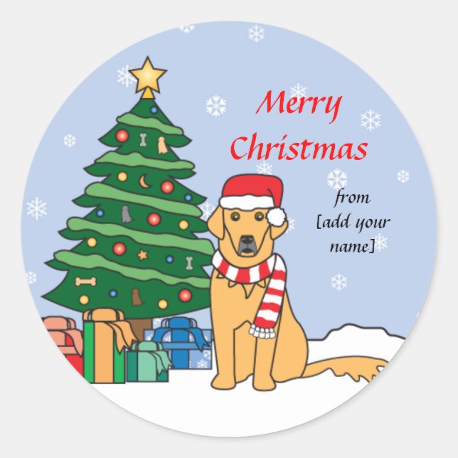 Pegatina Redonda Golden Retriever y el árbol de Navidad (Anverso)