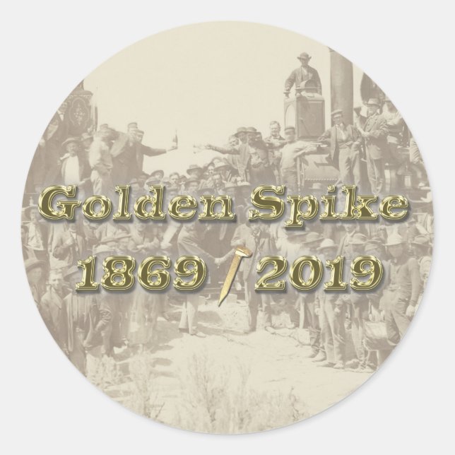Pegatina Redonda Golden Spike Transcontinental Railroad Sesquincent (Anverso)