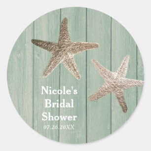 Pegatina Redonda Golden Starfish & Wood Elegant Beach Personalizado