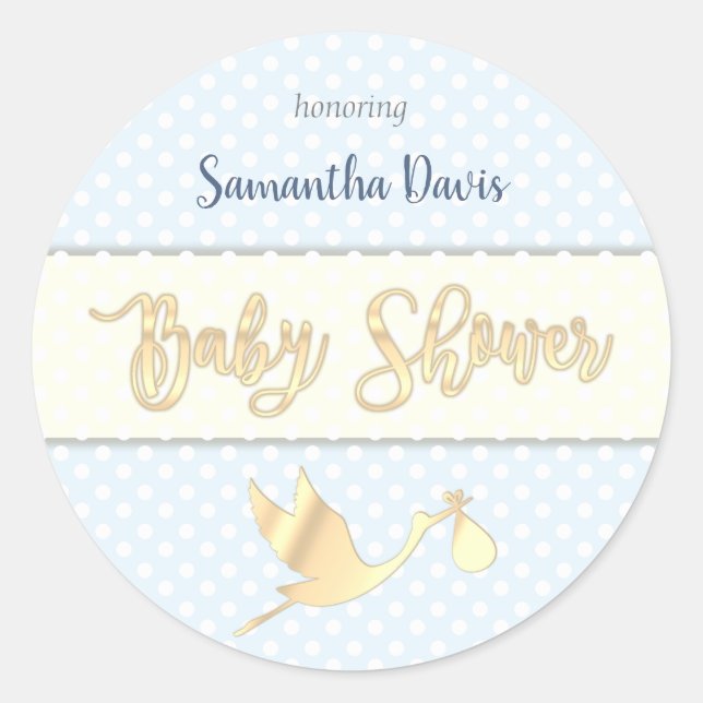Pegatina Redonda Golden Stork Baby Boy Baby Shower (Anverso)