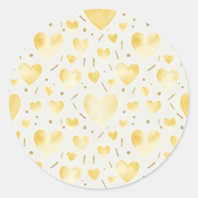 Pegatina Redonda Golden Sunbeam Watercolor & Glitter Heart Pattern (Anverso)