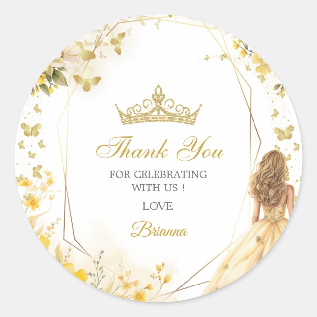 Pegatina Redonda Golden Yellow Tiara Floral Quinceañera Thank You (Anverso)