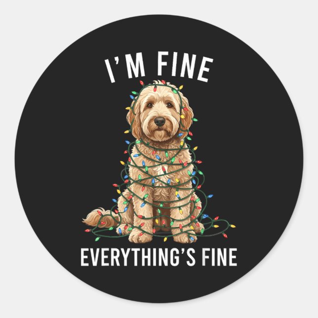 Pegatina Redonda Goldendoodle Christmas I'm Fine Everything Is Fine (Anverso)