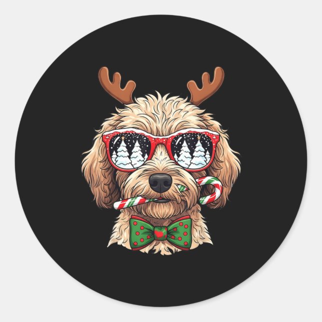 Pegatina Redonda Goldendoodle Christmas Reindeer Holiday Dog Lover  (Anverso)