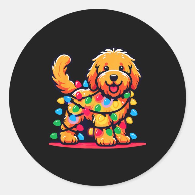 Pegatina Redonda Goldendoodle Christmas Tree Xmas Lights Golden Doo (Anverso)