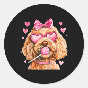 Pegatina Redonda Goldendoodle Coquette Lazo Día de San Valentín Rag