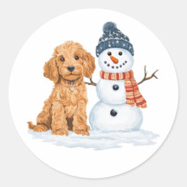 Pegatina Redonda Goldendoodle de invierno perro muñeco de nieve lin