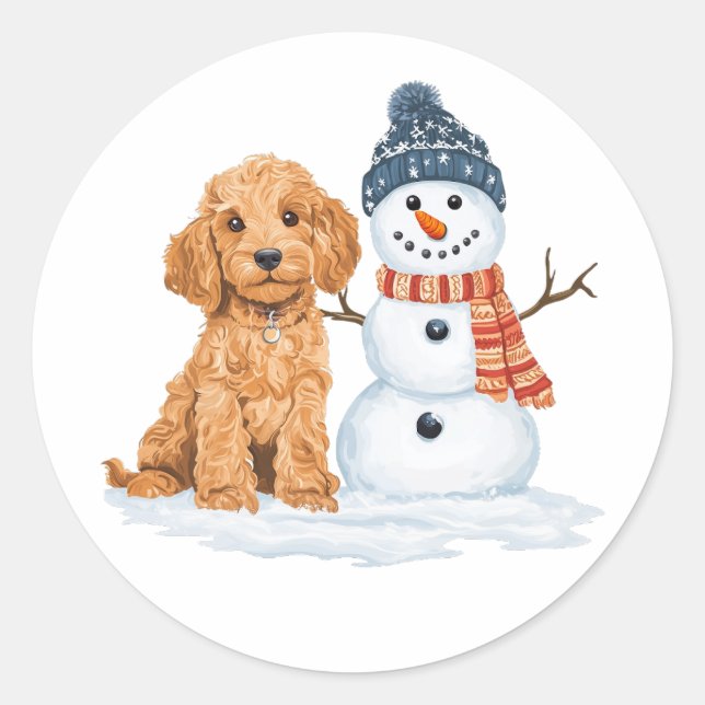Pegatina Redonda Goldendoodle de invierno perro muñeco de nieve lin (Anverso)