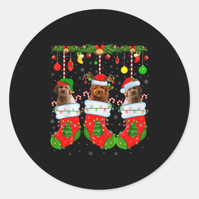 Pegatina Redonda Goldendoodle Dog In Christmas Socks Funny Pet Dog  (Anverso)
