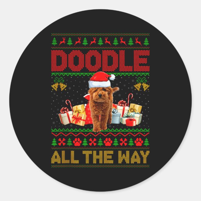 Pegatina Redonda Goldendoodle Dog Ugly Christmas Sweaters Pet Dog L (Anverso)