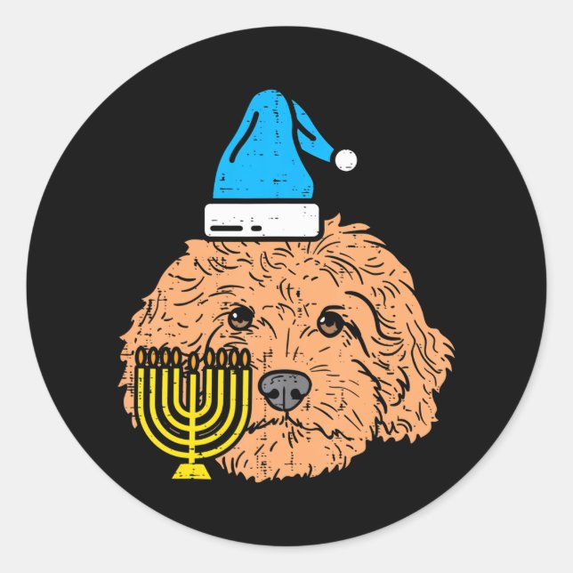 Pegatina Redonda Goldendoodle Menorah Mascota animal judío perro (Anverso)