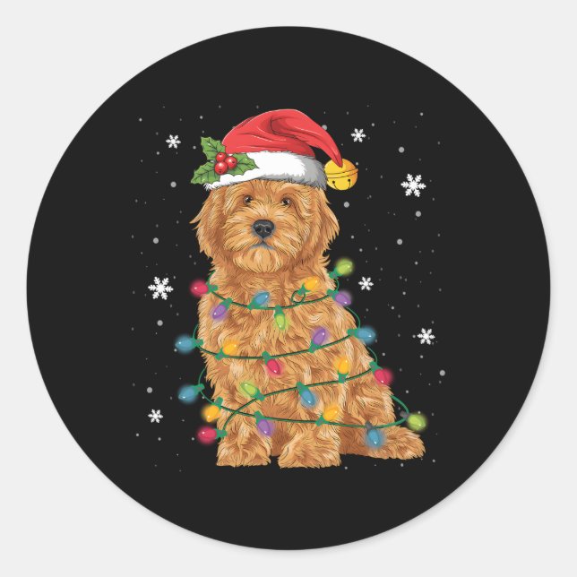 Pegatina Redonda Goldendoodle Santa Fairy Lights Pajama (Anverso)