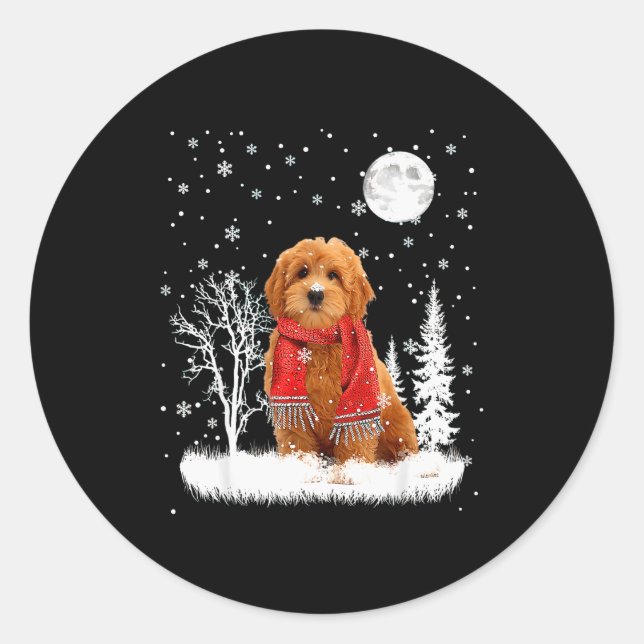 Pegatina Redonda Goldendoodle Under Moonlight Snow Christmas Pajama (Anverso)
