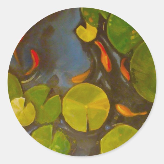 Pegatina Redonda Goldfish Koi Pond Water Lilies (Anverso)