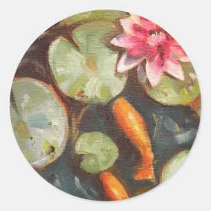 Pegatina Redonda Goldfish Koi Pond Water Lilies