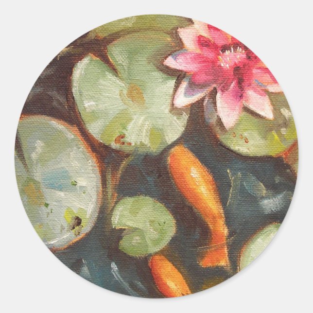 Pegatina Redonda Goldfish Koi Pond Water Lilies (Anverso)