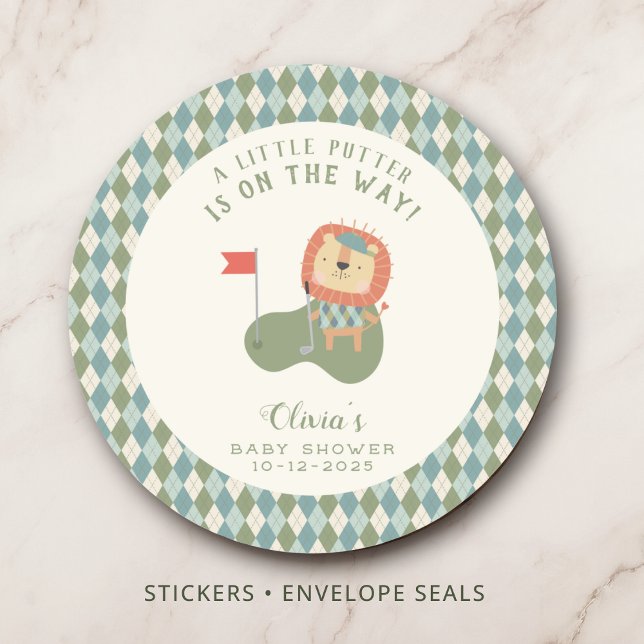 Pegatina Redonda Golf Baby Shower A Little Putter Preppy Argyle   (Cute lion golfer sticker for golf baby showers and favors.
)