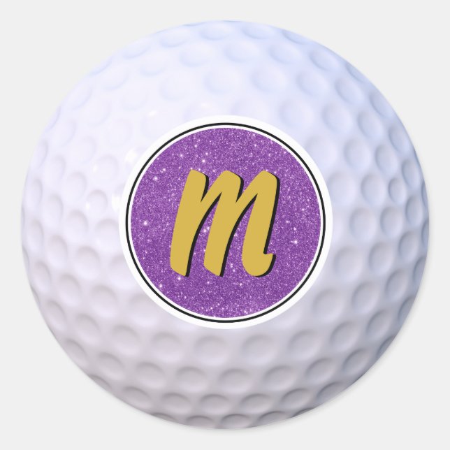 Pegatina Redonda Golf Ball Personalizable Monograma Morado y Oro (Anverso)