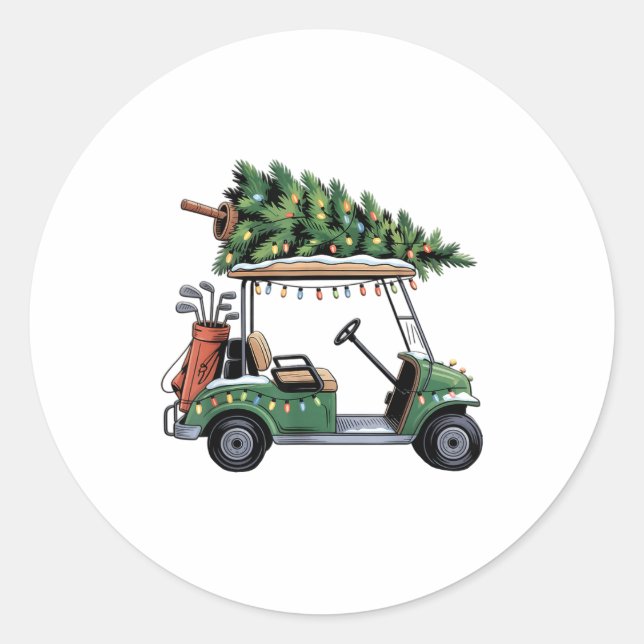 Pegatina Redonda Golf Cart Christmas Tree Lights Golfing Golfer Fun (Anverso)