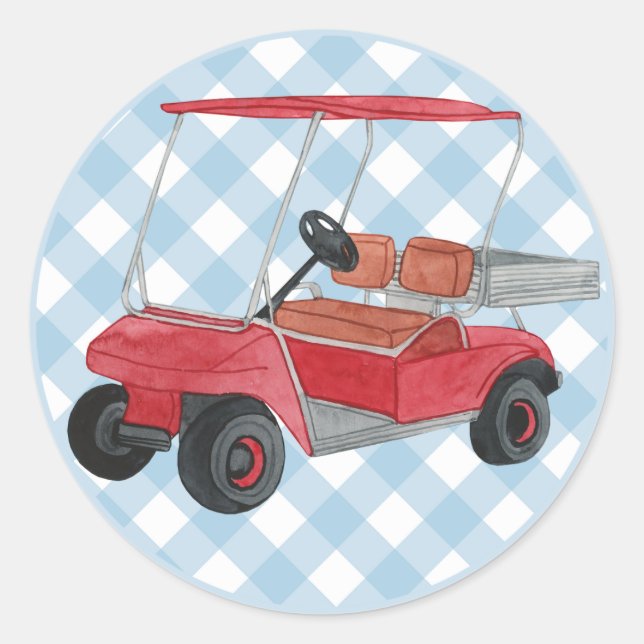 Pegatina Redonda Golf Cart Plaid Blue White Preppy Country Club (Anverso)