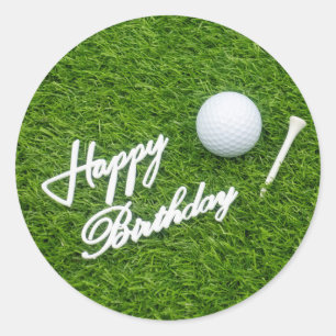 Pegatina Redonda Golf feliz cumpleaños con bola y té en verde