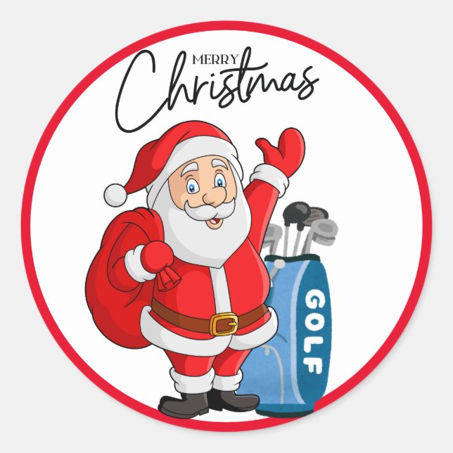 Pegatina Redonda Golf Feliz Navidad con el golf de Santa Claus (Anverso)