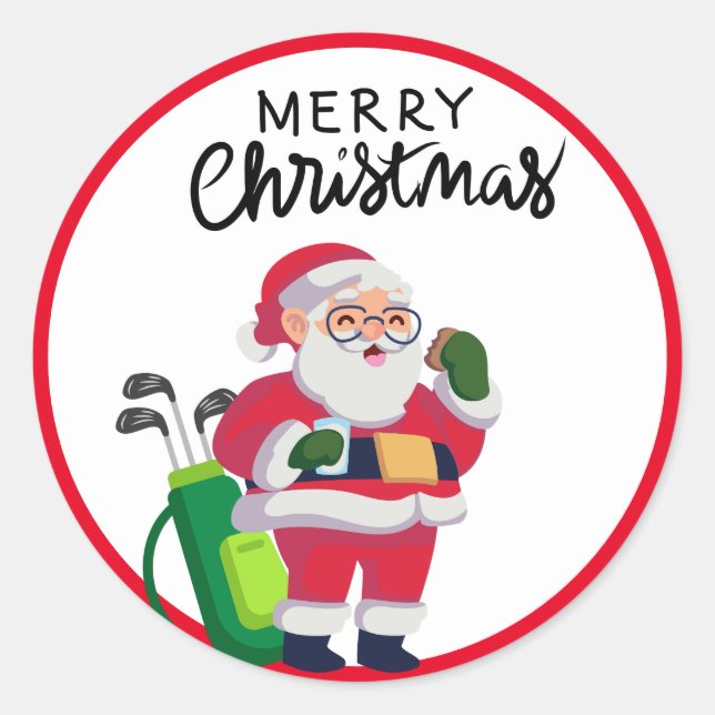 Pegatina Redonda Golf Feliz Navidad con el golf de Santa Claus (Anverso)