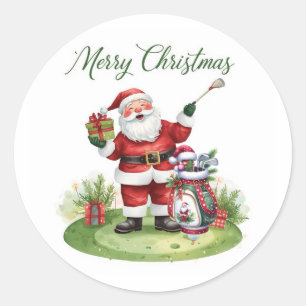 Pegatina Redonda Golf Feliz Navidad con el golf de Santa Claus