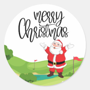 Pegatina Redonda Golf Feliz Navidad con Santa Claus a la bandera