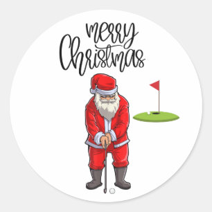 Pegatina Redonda Golf Feliz Navidad con Santa Claus a la bandera