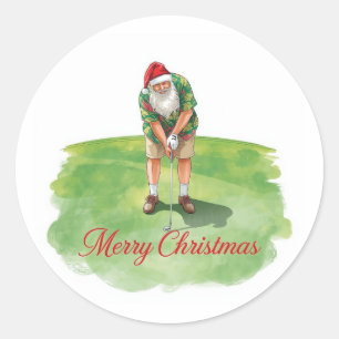 Pegatina Redonda Golf Feliz Navidad con Santa Claus jugando golf 