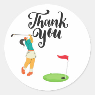 Pegatina Redonda Golf Gracias con texto y bandera Mujer Golfer