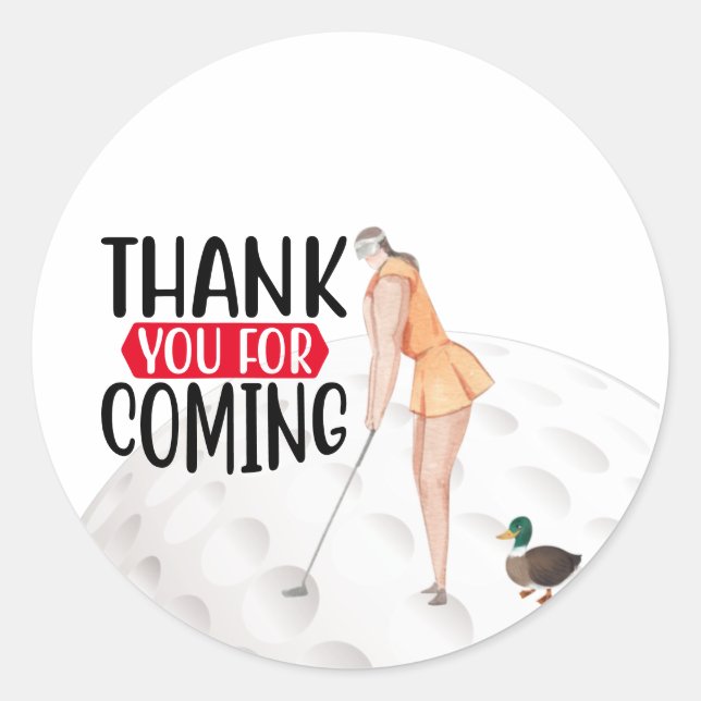 Pegatina Redonda Golf Gracias con texto y bandera Mujer Golfer (Anverso)