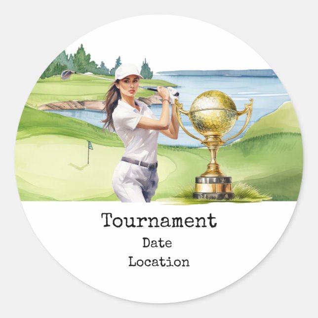 Pegatina Redonda Golf Mujer en campo de golf