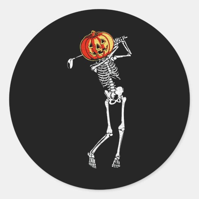 Pegatina Redonda Golf Skeleton Pumpkin Halloween Costume Golfer Spo (Anverso)