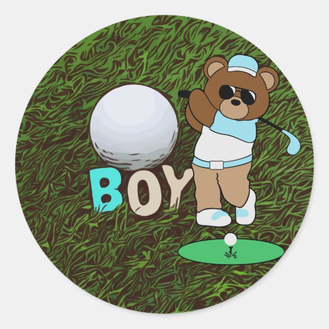 Pegatina Redonda Golfer Boy con bola de golf y tee on grass Pegatin (Anverso)