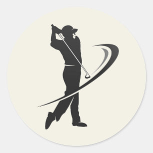 Pegatina Redonda Golfista jugando golf silueta negro blanco