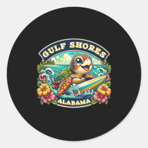 Pegatina Redonda Golfo de Alabyma Cute Sea Turtle Surfing