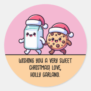 Pegatina Redonda Golosinas de Navidad Leche y Galleta Texto Persona