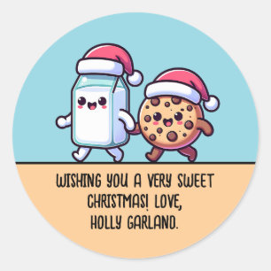 Pegatina Redonda Golosinas de Navidad Leche y Galleta Texto Persona